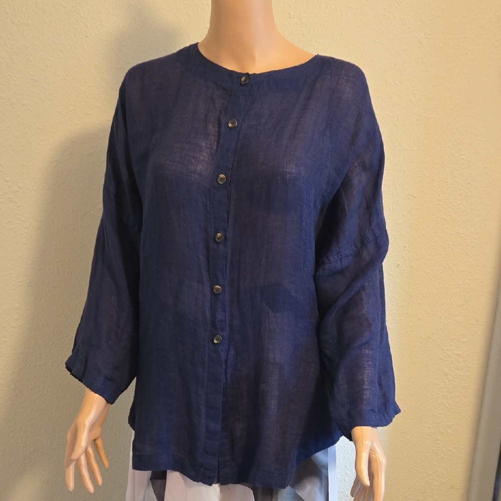 Women's Navy Button-Up Top